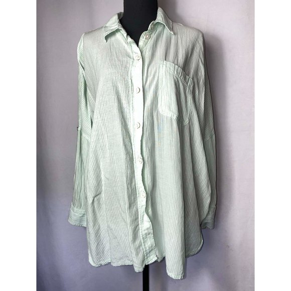 American Eagle Lightweight Oversized Mint Green Striped Button Shirt Size XS - Picture 1 of 7